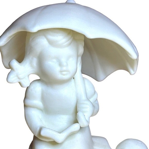 Little Girl with Umbrella + Puppy Dog Reading Book Whimsical Porcelain Figurine - Picture 6 of 11